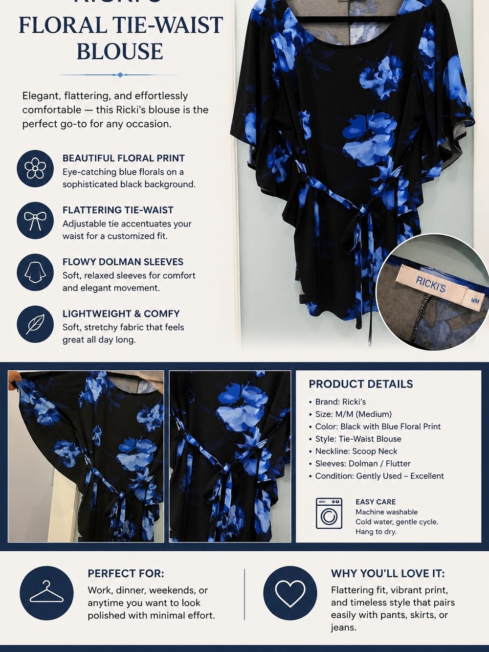 Ricki's Black Blouse with Blue Floral Print Tie-Waist